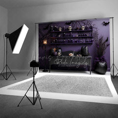 Lofaris Gothic Halloween Photography Backdrop Purple Wall with Skulls and Black Pumpkins Spooky Witch Lair Photo Prop