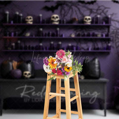 Lofaris Gothic Halloween Photography Backdrop Purple Wall with Skulls and Black Pumpkins Spooky Witch Lair Photo Prop