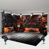 Lofaris Gothic Halloween Room Set Backdrop with Wood Floor Spooky Spiderweb and Bat Bedroom Haunted House Photo Prop