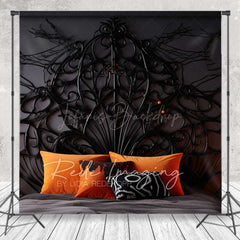 Lofaris Gothic Halloween Room Set Backdrop with Wood Floor Spooky Spiderweb and Bat Bedroom Haunted House Photo Prop