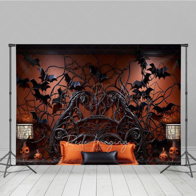 Lofaris Gothic Halloween Room Set Backdrop with Wood Floor Spooky Spiderweb and Bat Bedroom Haunted House Photo Prop