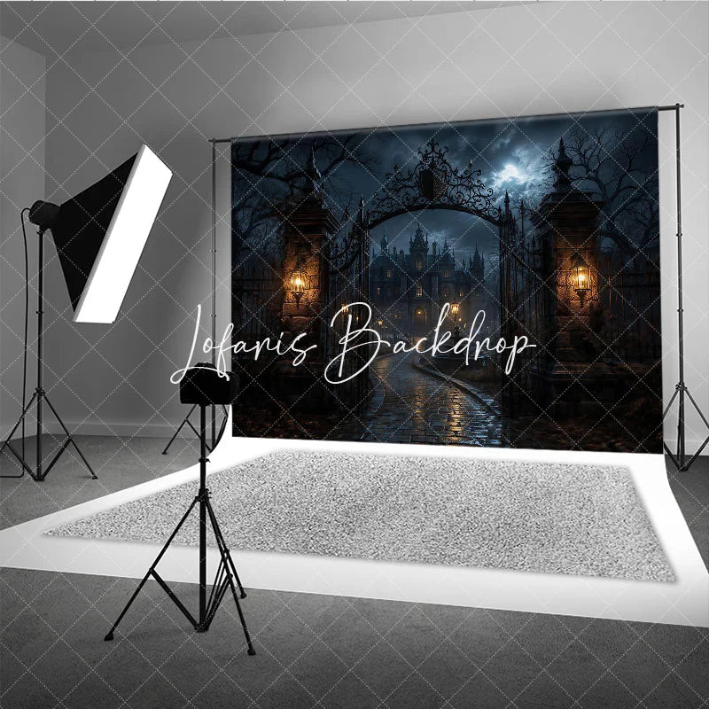 Lofaris Gothic Haunted Mansion and Ornate Iron Gate Holiday Backdrop Spooky Full Moon Night Scene