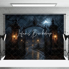 Lofaris Gothic Haunted Mansion and Ornate Iron Gate Holiday Backdrop Spooky Full Moon Night Scene