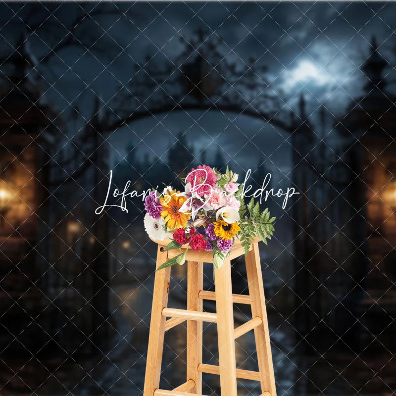Lofaris Gothic Haunted Mansion and Ornate Iron Gate Holiday Backdrop Spooky Full Moon Night Scene