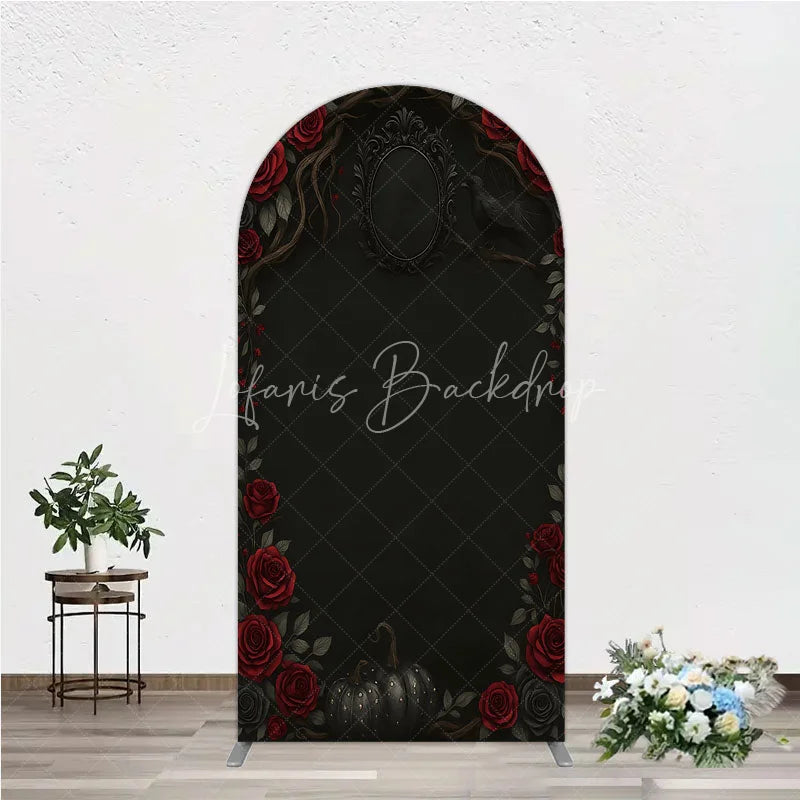 Lofaris Gothic Red Roses and Black Crow Arch Backdrop Dark Floral Halloween Birthday Party Decor Photo Booth
