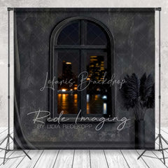 Lofaris Gothic Room Set Backdrop with Black Drapes Luxury Chandelier and City Night View Window Background
