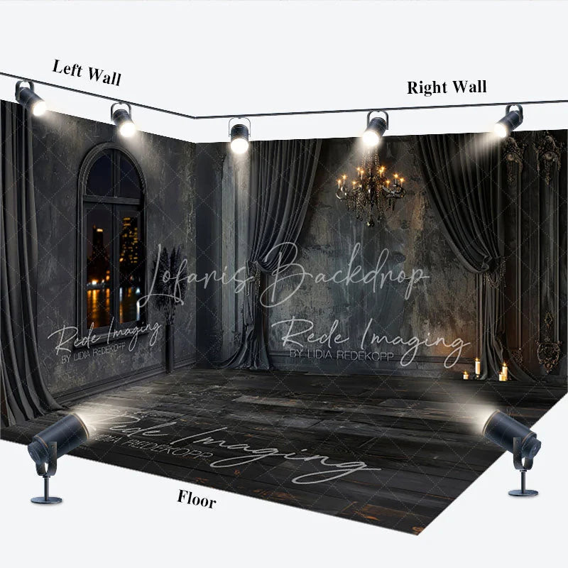 Lofaris Gothic Room Set Backdrop with Black Drapes Luxury Chandelier and City Night View Window Background
