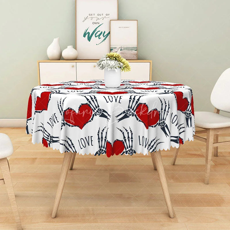 Lofaris Gothic Skeleton Hand Heart ’LOVE’ Round Tablecloth White and Black Spooky Halloween or Valentine’s Decor
