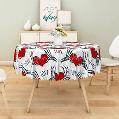 Lofaris Gothic Skeleton Hand Heart ’LOVE’ Round Tablecloth White and Black Spooky Halloween or Valentine’s Decor