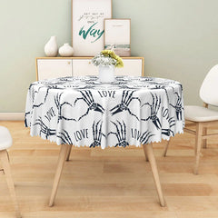 Lofaris Gothic Skeleton Hand Red Heart ’LOVE’ Round Tablecloth White and Black Spooky Halloween or Valentine’s Decor