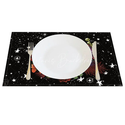 Lofaris Gothic Skull and Flower Set of 4 Placemats with Glitter Effect Stars for Spooky Glam Decor