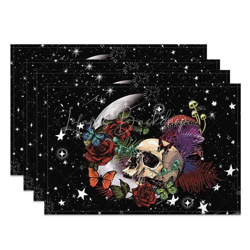 Lofaris Gothic Skull and Flower Set of 4 Placemats with Glitter Effect Stars for Spooky Glam Decor