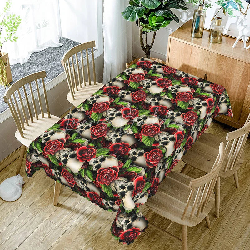 Lofaris Gothic Skull and Red Rose Rectangle Tablecloth Dark Floral Skeleton Pattern Halloween Valentine Decor