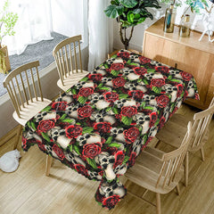 Lofaris Gothic Skull and Red Rose Rectangle Tablecloth Dark Floral Skeleton Pattern Halloween Valentine Decor