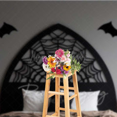 Lofaris Gothic Spiderweb Headboard Photography Backdrop Black Bed with Bats and Jack O’ Lanterns Spooky Halloween Decor