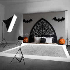 Lofaris Gothic Spiderweb Headboard Photography Backdrop Black Bed with Bats and Jack O’ Lanterns Spooky Halloween Decor