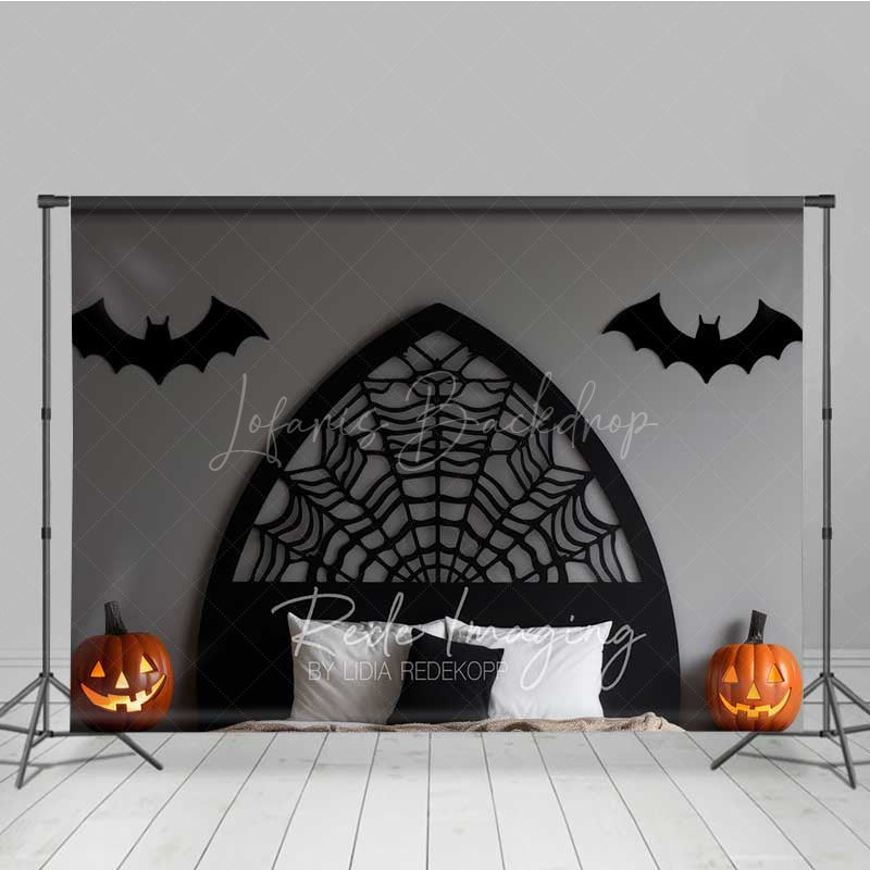 Lofaris Gothic Spiderweb Headboard Photography Backdrop Black Bed with Bats and Jack O’ Lanterns Spooky Halloween Decor