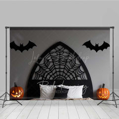 Lofaris Gothic Spiderweb Headboard Photography Backdrop Black Bed with Bats and Jack O’ Lanterns Spooky Halloween Decor