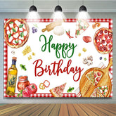 Lofaris Gourmet Pizza Red White Plaid Happy Birthday Backdrop