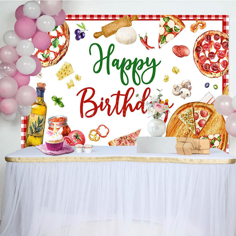 Lofaris Gourmet Pizza Red White Plaid Happy Birthday Backdrop