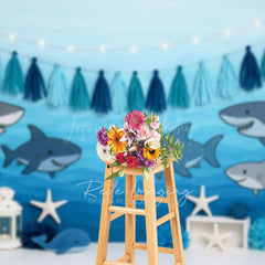 Lofaris Gradient Blue Baby Shark Ocean Cake Smash Backdrop