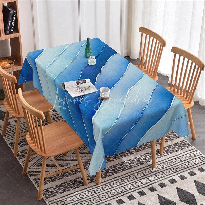 Lofaris Gradient Blue Watercolor Wavy Stripe Rectangle Tablecloth Artistic Ocean Theme Party Decor