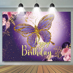 Lofaris Gradient Purple Butterfly Floral Birthday Backdrop