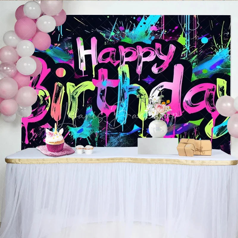Lofaris Graffiti Happy Birthday Backdrop Neon Paint Splatter Banner 80s 90s Hip Hop Theme Party Decorations for Kids Teens