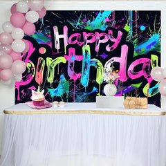 Lofaris Graffiti Happy Birthday Backdrop Neon Paint Splatter Banner 80s 90s Hip Hop Theme Party Decorations for Kids Teens