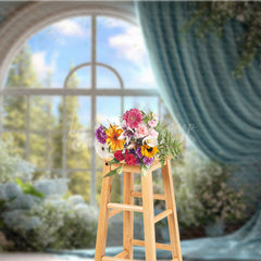 Lofaris Grand Ballroom Window Photography Backdrop with Blue Drapes Elegant Floral Wedding Ceremony Background