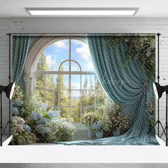 Lofaris Grand Ballroom Window Photography Backdrop with Blue Drapes Elegant Floral Wedding Ceremony Background