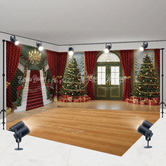 Lofaris Grand Christmas Ballroom Room Set Backdrop Red Carpet Staircase with Green Walls Elegant Holiday Photo Studio