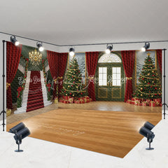 Lofaris Grand Christmas Ballroom Room Set Backdrop Red Carpet Staircase with Green Walls Elegant Holiday Photo Studio