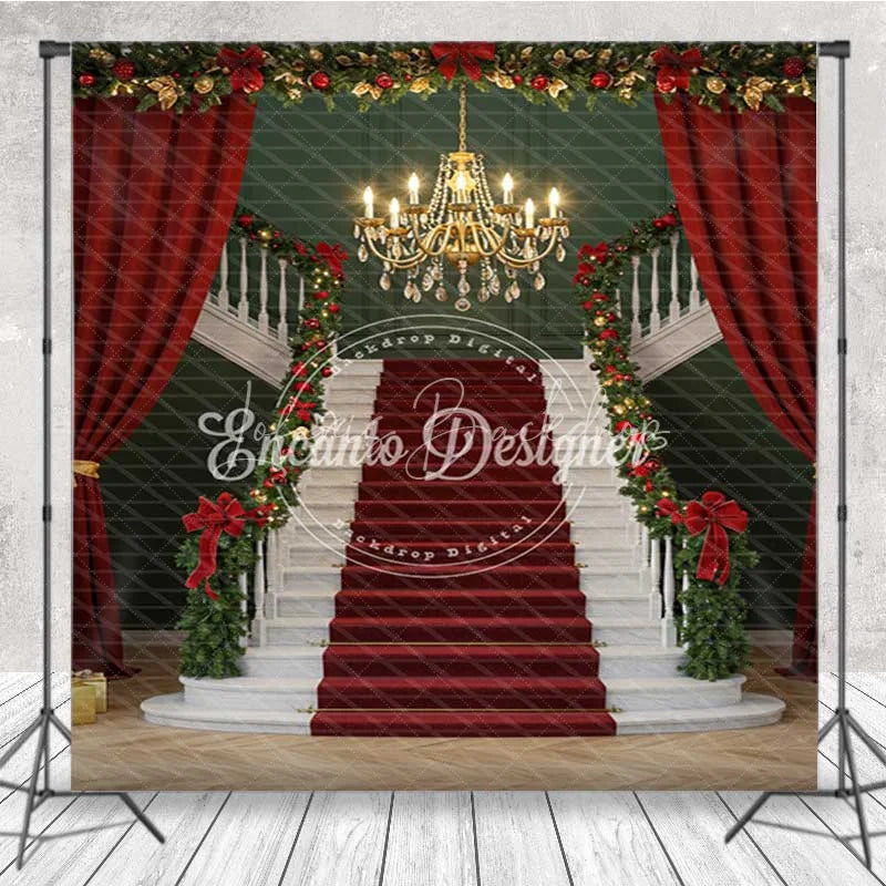 Lofaris Grand Christmas Ballroom Room Set Backdrop Red Carpet Staircase with Green Walls Elegant Holiday Photo Studio