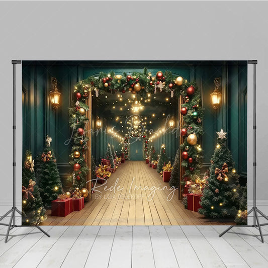 Lofaris Grand Christmas Hallway Photography Backdrop Elegant Garland and String Lights Holiday Party Photo Background