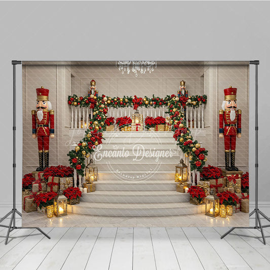 Lofaris Grand Christmas Staircase Photography Backdrop Nutcrackers and Poinsettia Decor Elegant Holiday Background