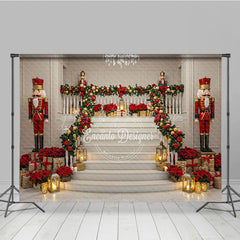 Lofaris Grand Christmas Staircase Photography Backdrop Nutcrackers and Poinsettia Decor Elegant Holiday Background