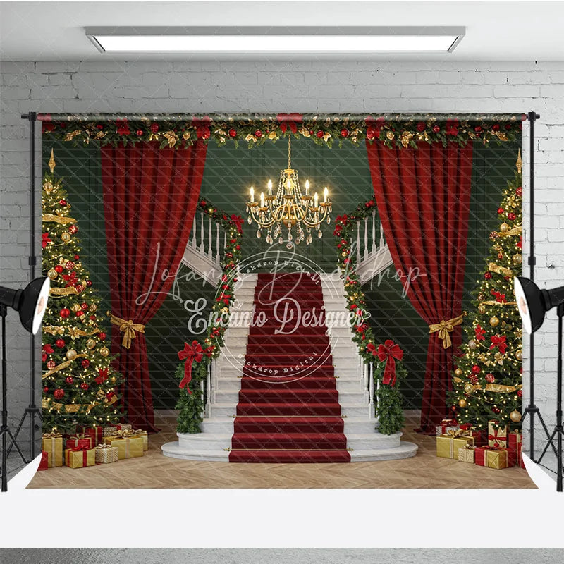 Lofaris Grand Christmas Staircase Photography Backdrop Red Carpet with Green Walls Elegant Holiday Photo Background