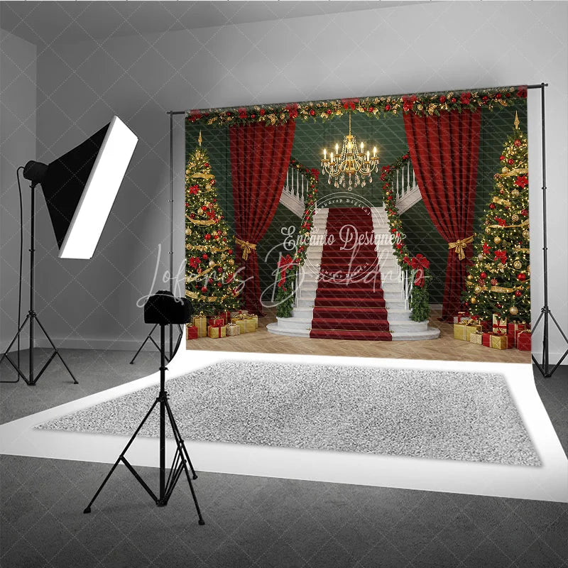Lofaris Grand Christmas Staircase Photography Backdrop Red Carpet with Green Walls Elegant Holiday Photo Background