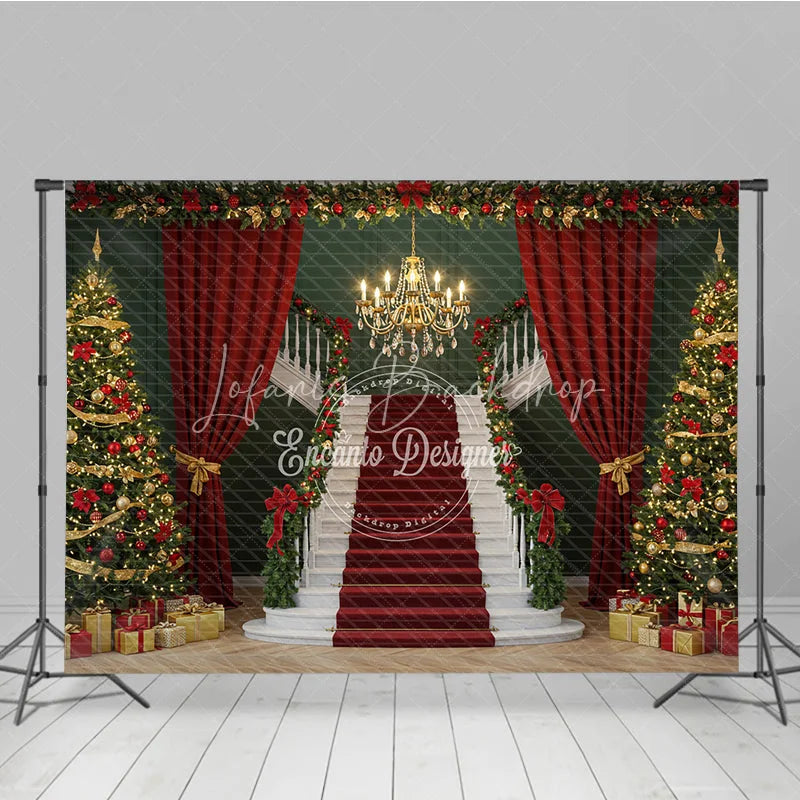 Lofaris Grand Christmas Staircase Photography Backdrop Red Carpet with Green Walls Elegant Holiday Photo Background