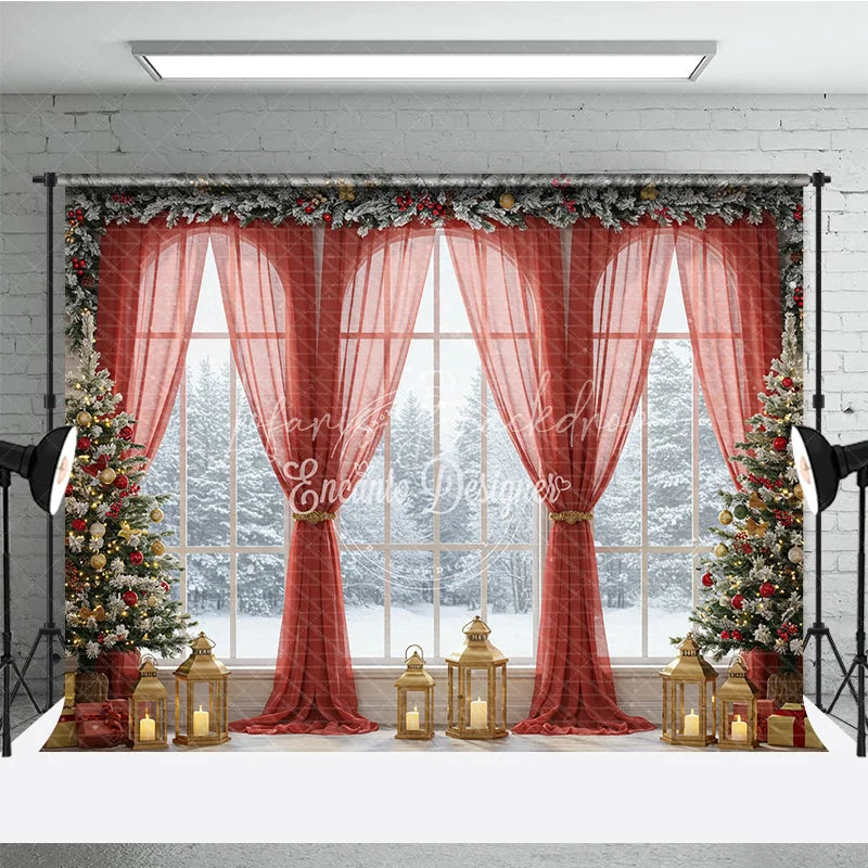 Lofaris Grand Christmas Window Photography Backdrop Red Curtains with Snowy View Elegant Holiday Mini Session Background