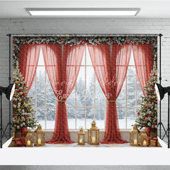 Lofaris Grand Christmas Window Photography Backdrop Red Curtains with Snowy View Elegant Holiday Mini Session Background