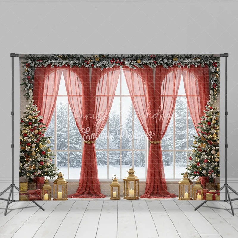 Lofaris Grand Christmas Window Photography Backdrop Red Curtains with Snowy View Elegant Holiday Mini Session Background
