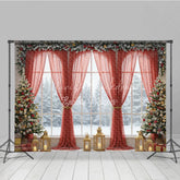 Lofaris Grand Christmas Window Photography Backdrop Red Curtains with Snowy View Elegant Holiday Mini Session Background