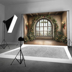 Lofaris Grand Christmas Window Photography Backdrop with Garland and Trees Elegant Holiday Mini Session Background