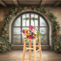 Lofaris Grand Christmas Window Photography Backdrop with Garland and Trees Elegant Holiday Mini Session Background