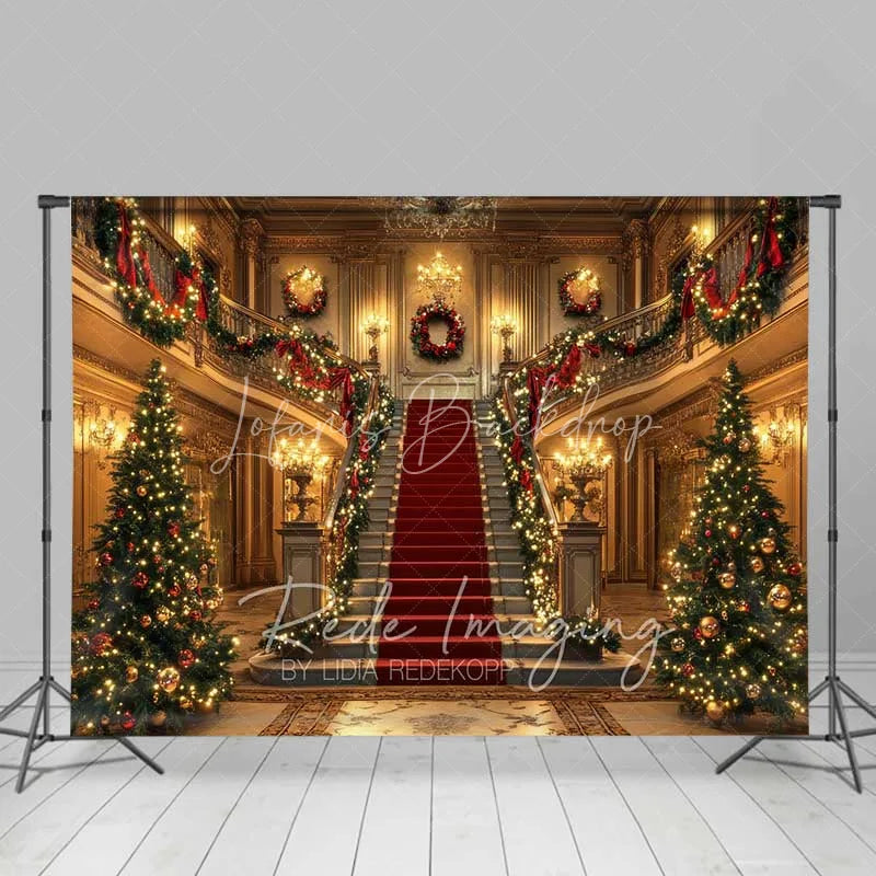 Lofaris Grand Palace Christmas Backdrop Red Carpet Staircase Gold Mansion Interior Photo Background
