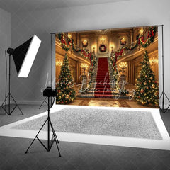 Lofaris Grand Palace Christmas Backdrop Red Carpet Staircase Gold Mansion Interior Photo Background