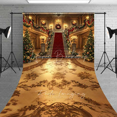 Lofaris Grand Palace Christmas Sweep Backdrop Red Carpet Staircase Gold Mansion Floor Photo Background