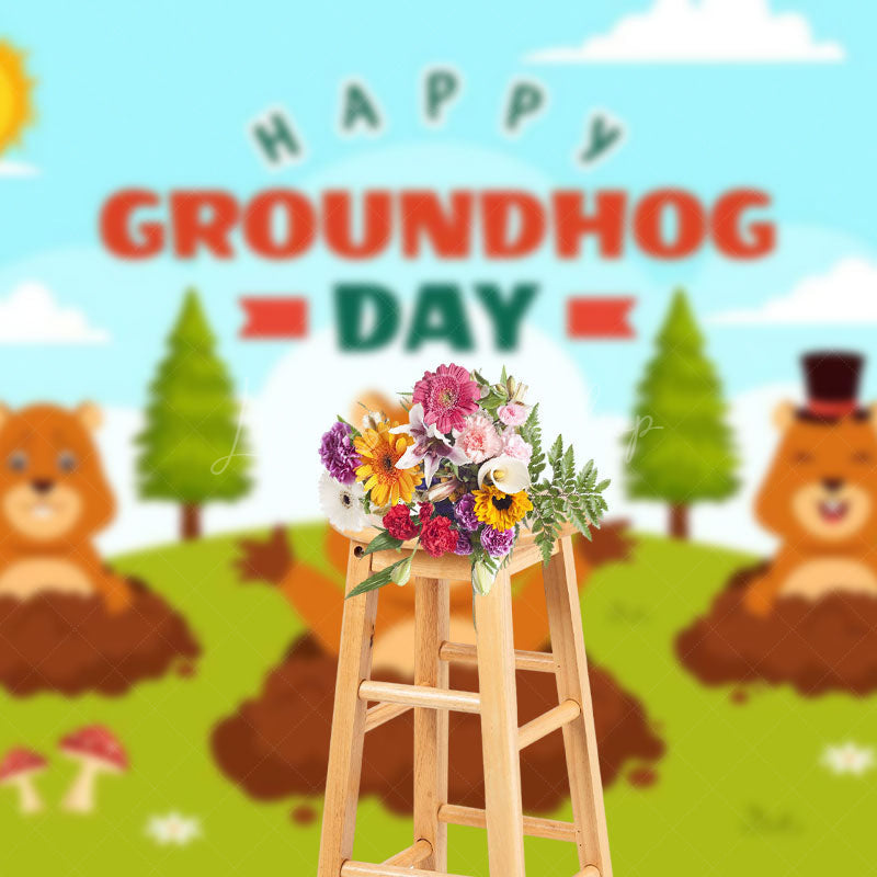 Lofaris Grassfield Blue Sky Happy Groundhog Day Backdrop
